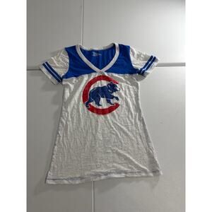 Super7 Chicago Cubs Womens Large V-Neck Jersey Tee White Blue MLB Made in USA
